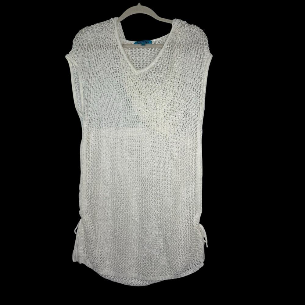 Solitaire Swim Swimsuit Coverup‎ Dress Womens Sz M White Open Mesh Hooded Soft